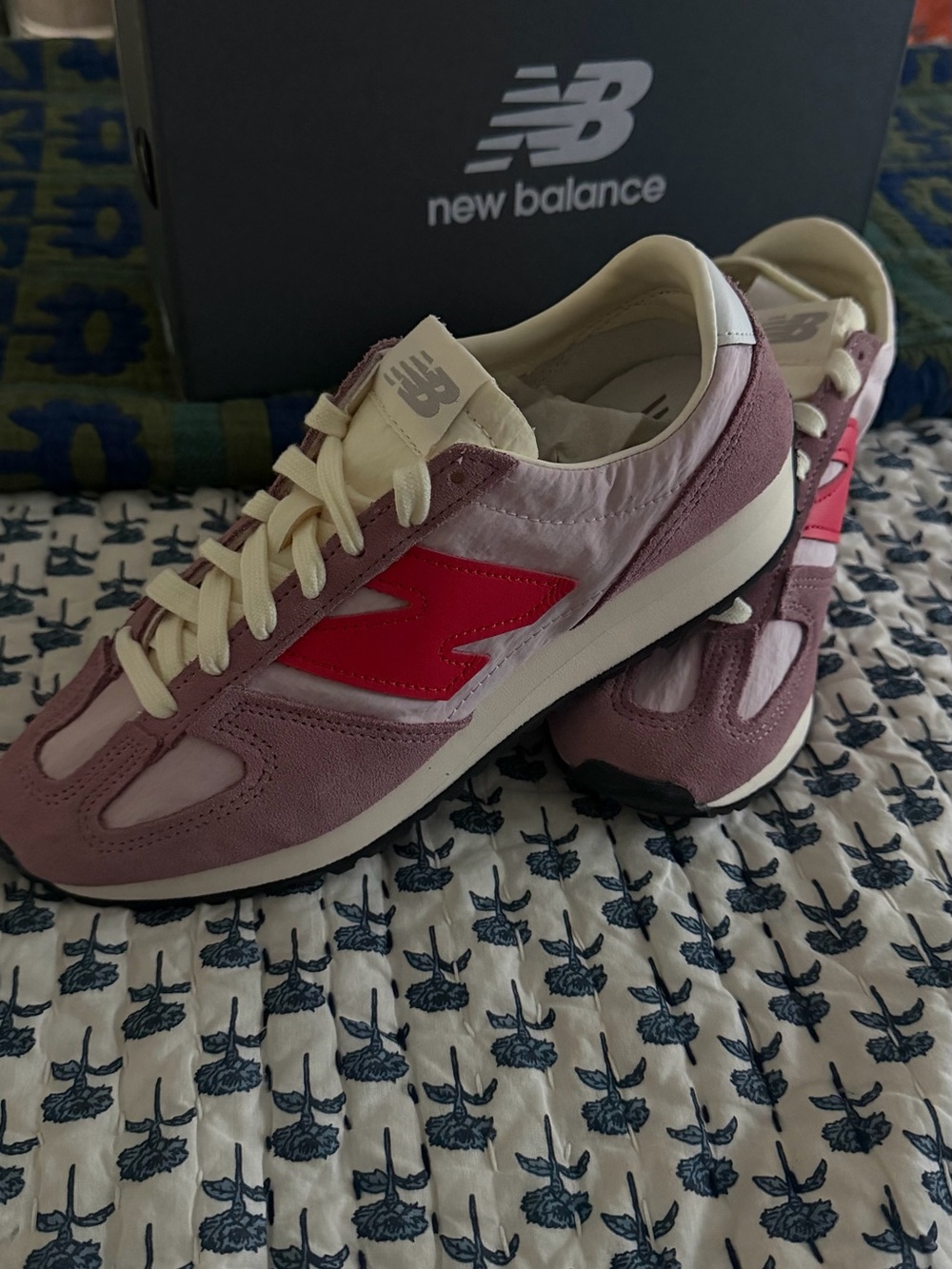 New Balance Women's Mauve Suede & Nylon Sneakers with Red Logo
